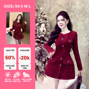 Đầm Tweed Đỏ Đính Nút Tay Dài Dáng A Sang Trọng Mặc Tiệc Cuối Năm Noel Tết Chụp Ảnh Cực Xinh