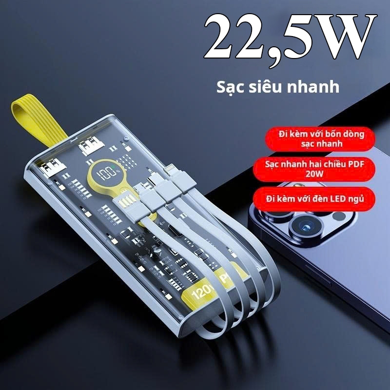 Sạc dự phòng 30000mah pd22,5w/20w sạc nhanh trong suốt có cổng tích hợp 4 dây cáp sạc có tích hợp đèn led chiếu sáng