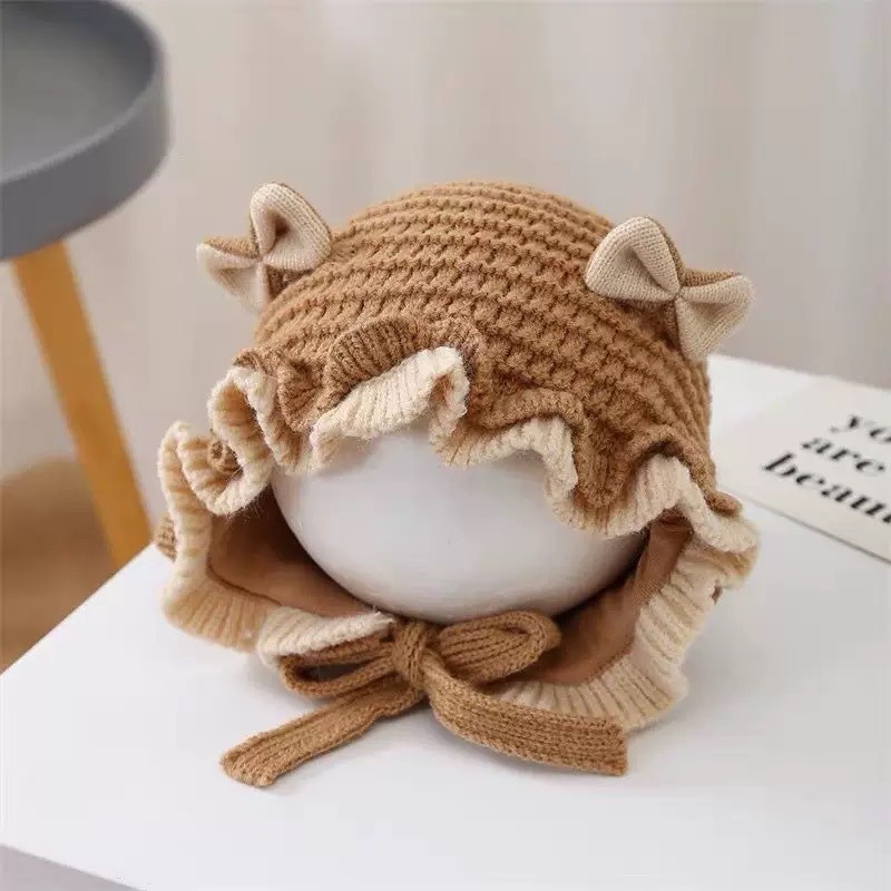 Mũ bèo nơ cho bé gái, mũ bịt tai dệt kim họa tiết hoa phong cách Hàn Quốc