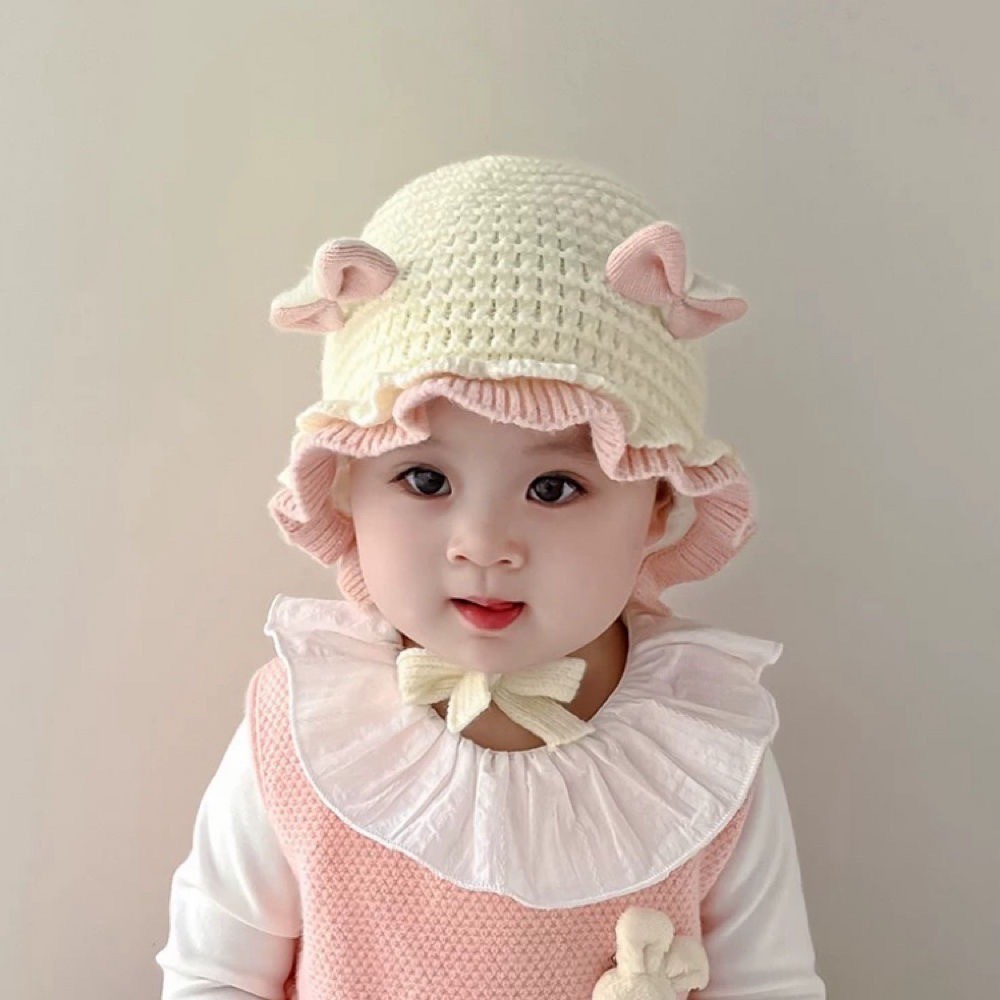 Mũ bèo nơ cho bé gái, mũ bịt tai dệt kim họa tiết hoa phong cách Hàn Quốc