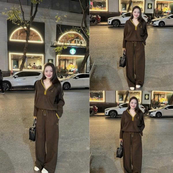 NH CLOTHER - Bộ Quần Áo Nữ Dài Tay Ống Suông Rộng Màu Chocolate Thanh Lịch Khóa Kéo Nửa Cổ Polo Gân Tăm Dây Rút