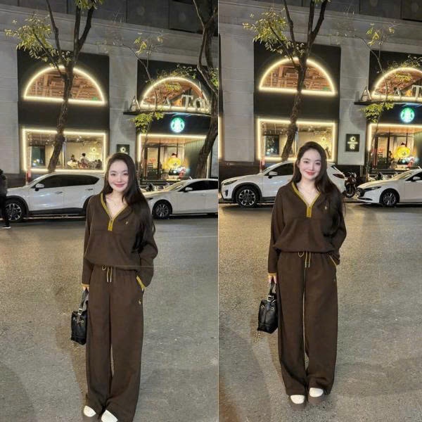 NH CLOTHER - Bộ Quần Áo Nữ Dài Tay Ống Suông Rộng Màu Chocolate Thanh Lịch Khóa Kéo Nửa Cổ Polo Gân Tăm Dây Rút