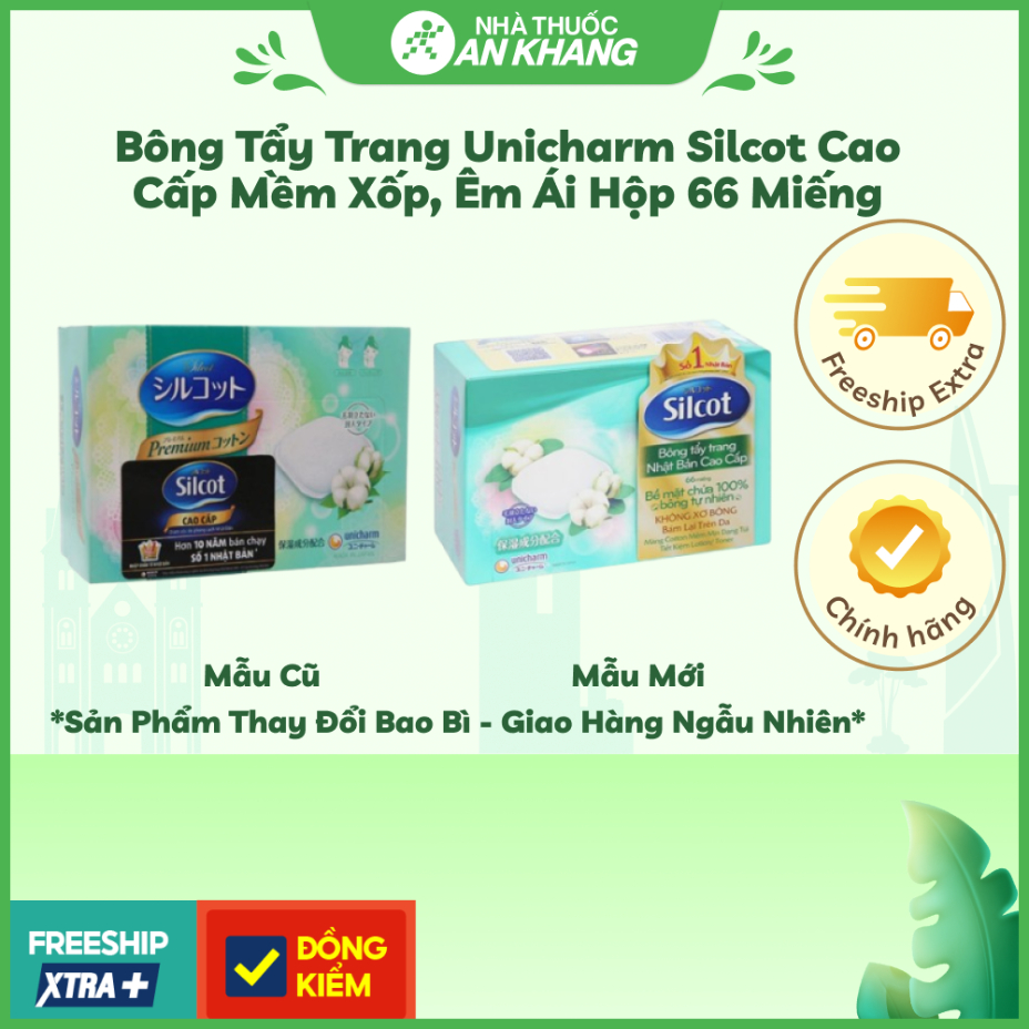 Bông tẩy trang Unicharm Silcot cao cấp mềm xốp, êm ái hộp 66 miếng