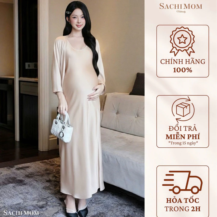 ĐẦM BẦU YONNA 2 MÓN ĐI TIỆC / DẠO PHỐ – ĐẦM 2 DÂY KÈM ÁO KHOÁC DÀI TAY – ĐẦM BẦU SACHIMOM