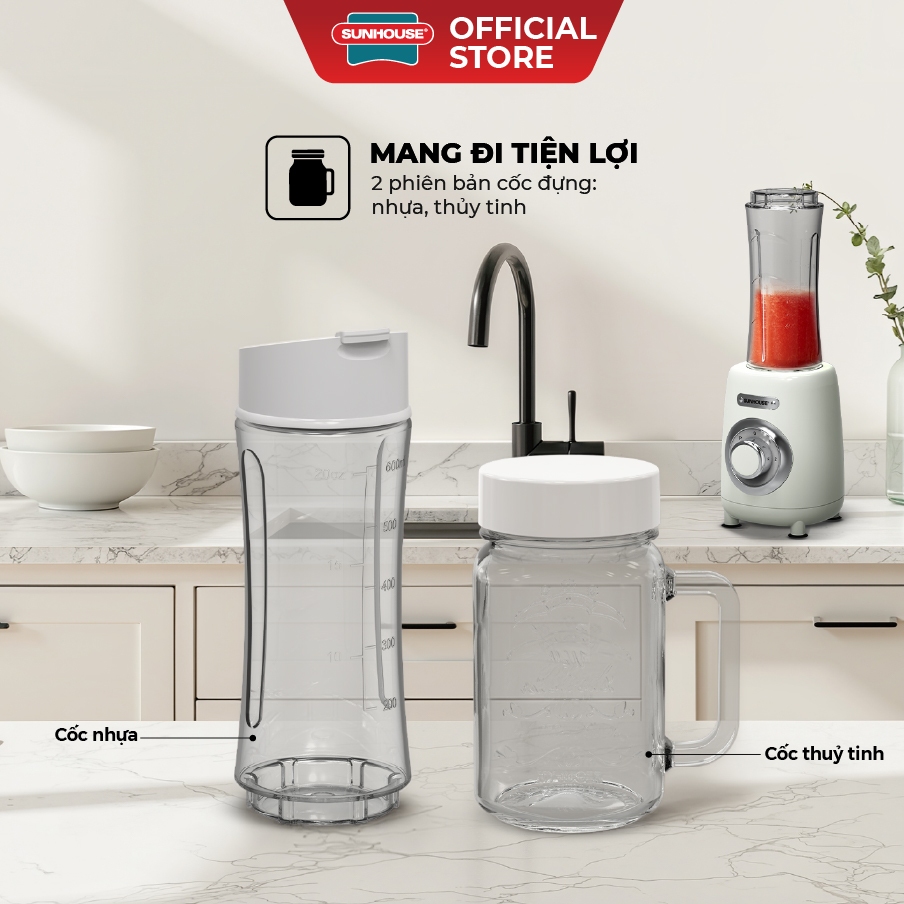 Máy xay sinh tố đa năng Sunhouse SHD5320 - Lưỡi dao 4 cánh - Tặng kèm cốc uống thủy tinh