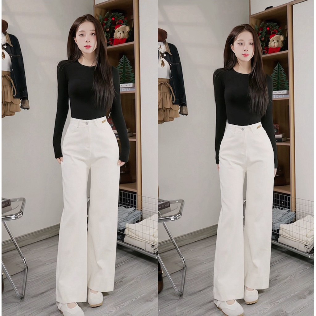 Quần jean nữ ống suông màu kem phối mác nâu form đẹp dài 97-102cm chất denim đẹp đứng form #8501 8502