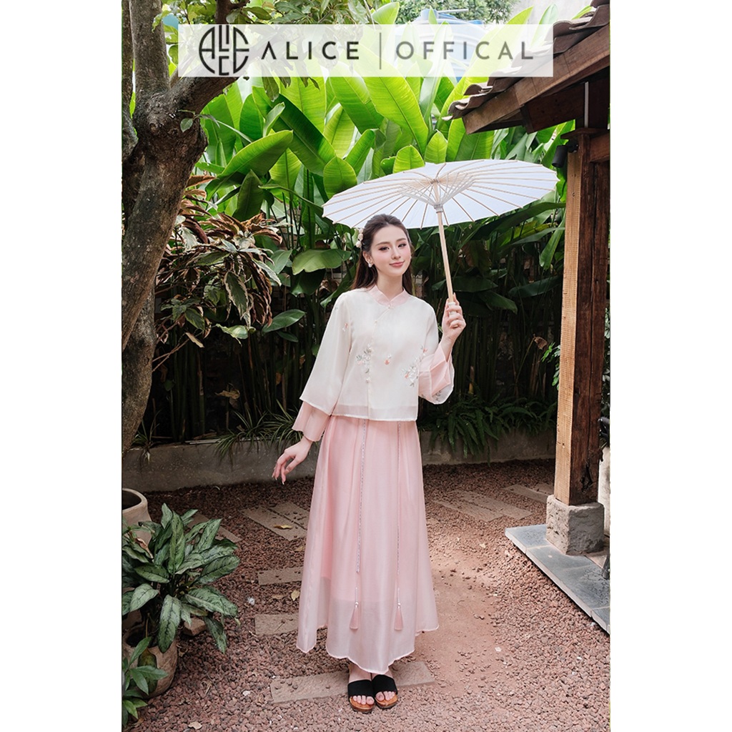 Set Váy Truyên Thống Alice, Áo Tơ Thêu Hoa Tay Lỡ Loe 2 Tầng Phối Chân Váy Tơ Óng Hàn Dáng Maxi Xòe Nhẹ S1009