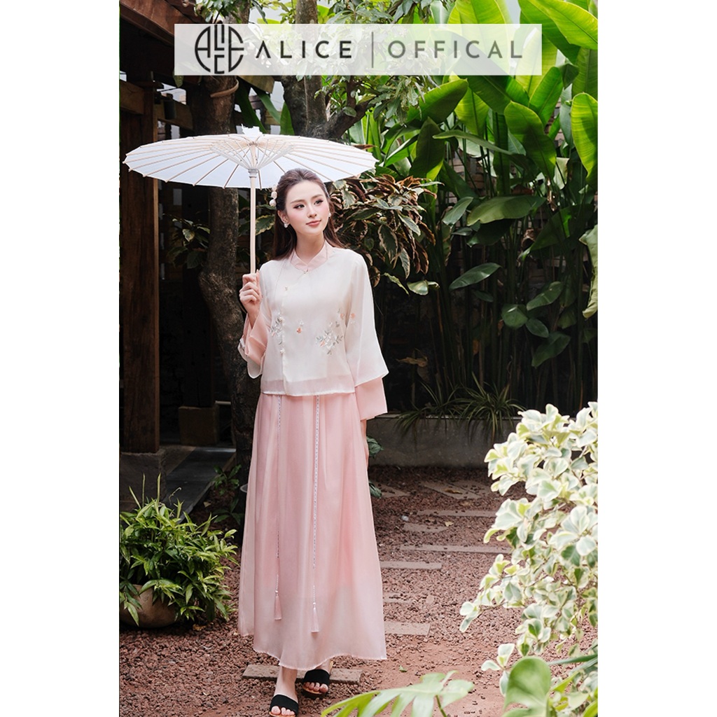 Set Váy Truyên Thống Alice, Áo Tơ Thêu Hoa Tay Lỡ Loe 2 Tầng Phối Chân Váy Tơ Óng Hàn Dáng Maxi Xòe Nhẹ S1009