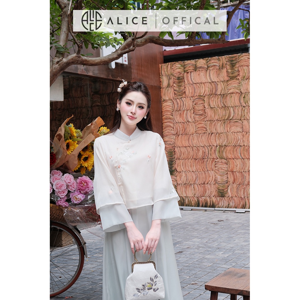 Set Váy Truyên Thống Alice, Áo Tơ Thêu Hoa Tay Lỡ Loe 2 Tầng Phối Chân Váy Tơ Óng Hàn Dáng Maxi Xòe Nhẹ S1009