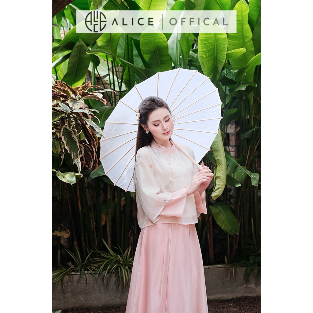 Set Váy Truyên Thống Alice, Áo Tơ Thêu Hoa Tay Lỡ Loe 2 Tầng Phối Chân Váy Tơ Óng Hàn Dáng Maxi Xòe Nhẹ S1009