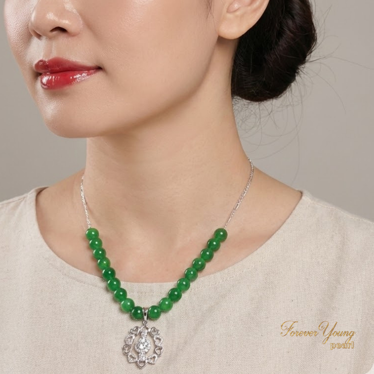 DC366 - Dây chuyền ngọc trai nước ngọt sang trọng, trai 7-8 li, dài 45- 48 cm mặt ngọc xanh viền.Forever Young Pearl