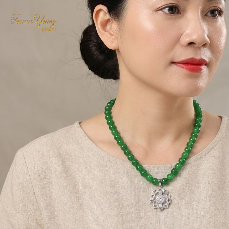 DC366 - Dây chuyền ngọc trai nước ngọt sang trọng, trai 7-8 li, dài 45- 48 cm mặt ngọc xanh viền.Forever Young Pearl