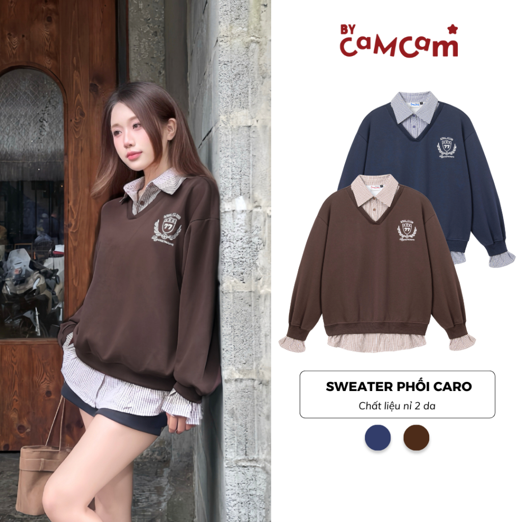 Áo Sweater Nỉ 2 Da 𝑩𝒚𝒄𝒂𝒎𝒄𝒂𝒎 Layer Cổ Sơ Mi Caro Form Rộng Unisex Phong ...