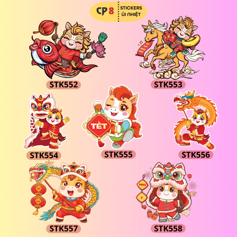 Bộ Hình In, Ủi Nhiệt Sticker Tết Bính Ngọ 2026 BST06 - CP8 PET Sticker