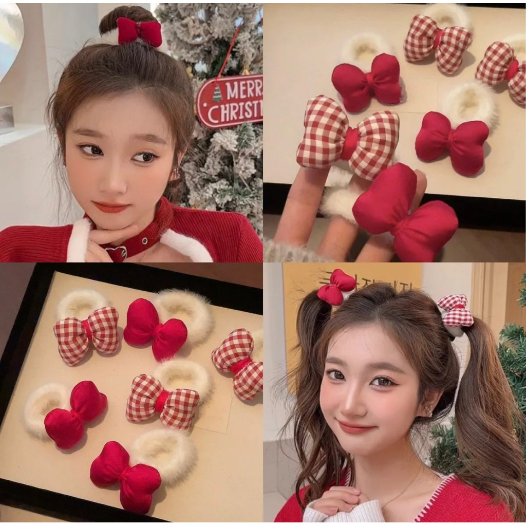 Set 2 Dây Buộc Tóc Lông Mềm Đính Nơ Phồng Xinh Xắn Dễ Thương Phụ Kiện Tóc Empoli