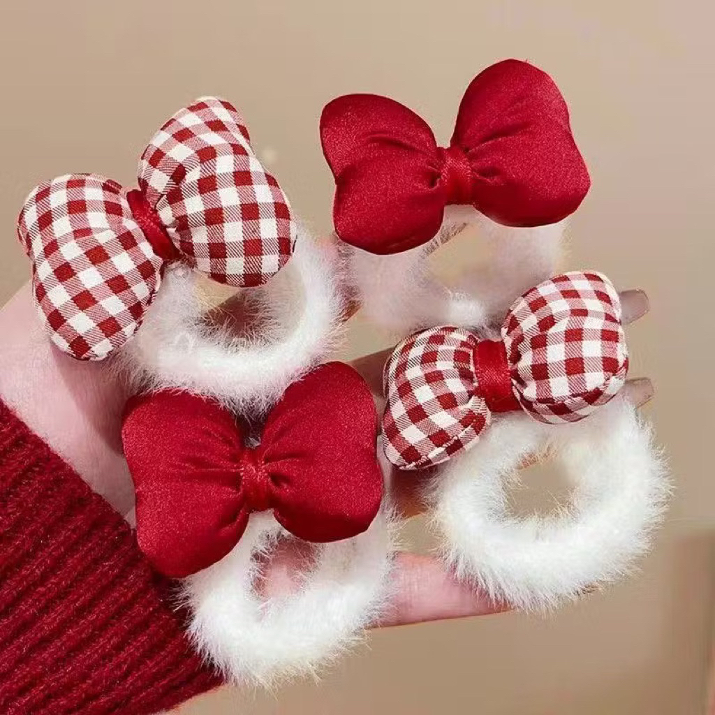 Set 2 Dây Buộc Tóc Lông Mềm Đính Nơ Phồng Xinh Xắn Dễ Thương Phụ Kiện Tóc Empoli
