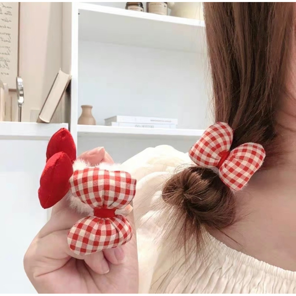 Set 2 Dây Buộc Tóc Lông Mềm Đính Nơ Phồng Xinh Xắn Dễ Thương Phụ Kiện Tóc Empoli