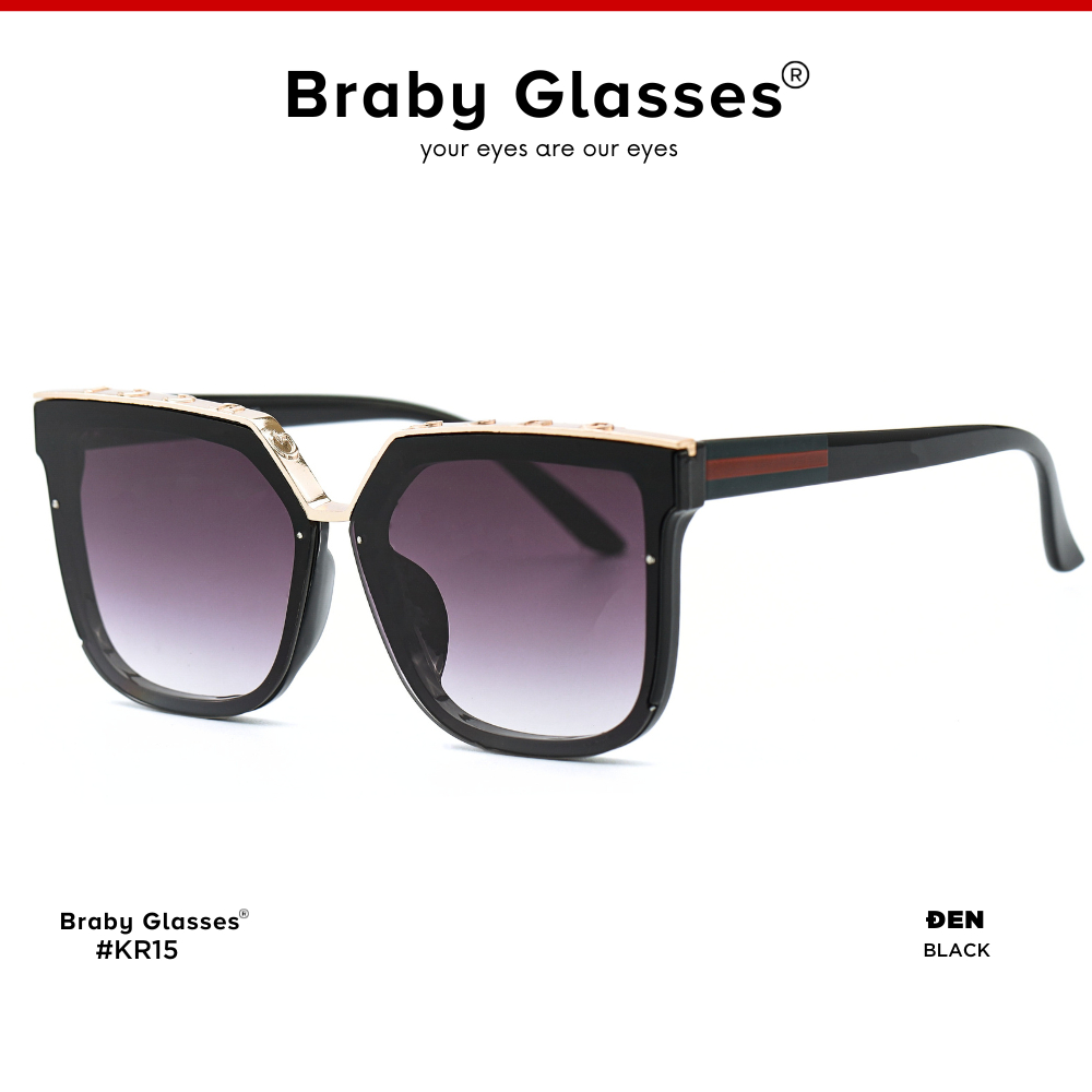Kính râm mát nam nữ mắt vuông sang trọng chống tia UV Braby Glasses gọng nhựa họa tiết kim loại cao cấp KR15