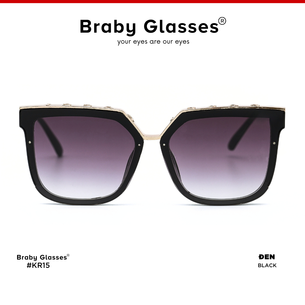 Kính râm mát nam nữ mắt vuông sang trọng chống tia UV Braby Glasses gọng nhựa họa tiết kim loại cao cấp KR15