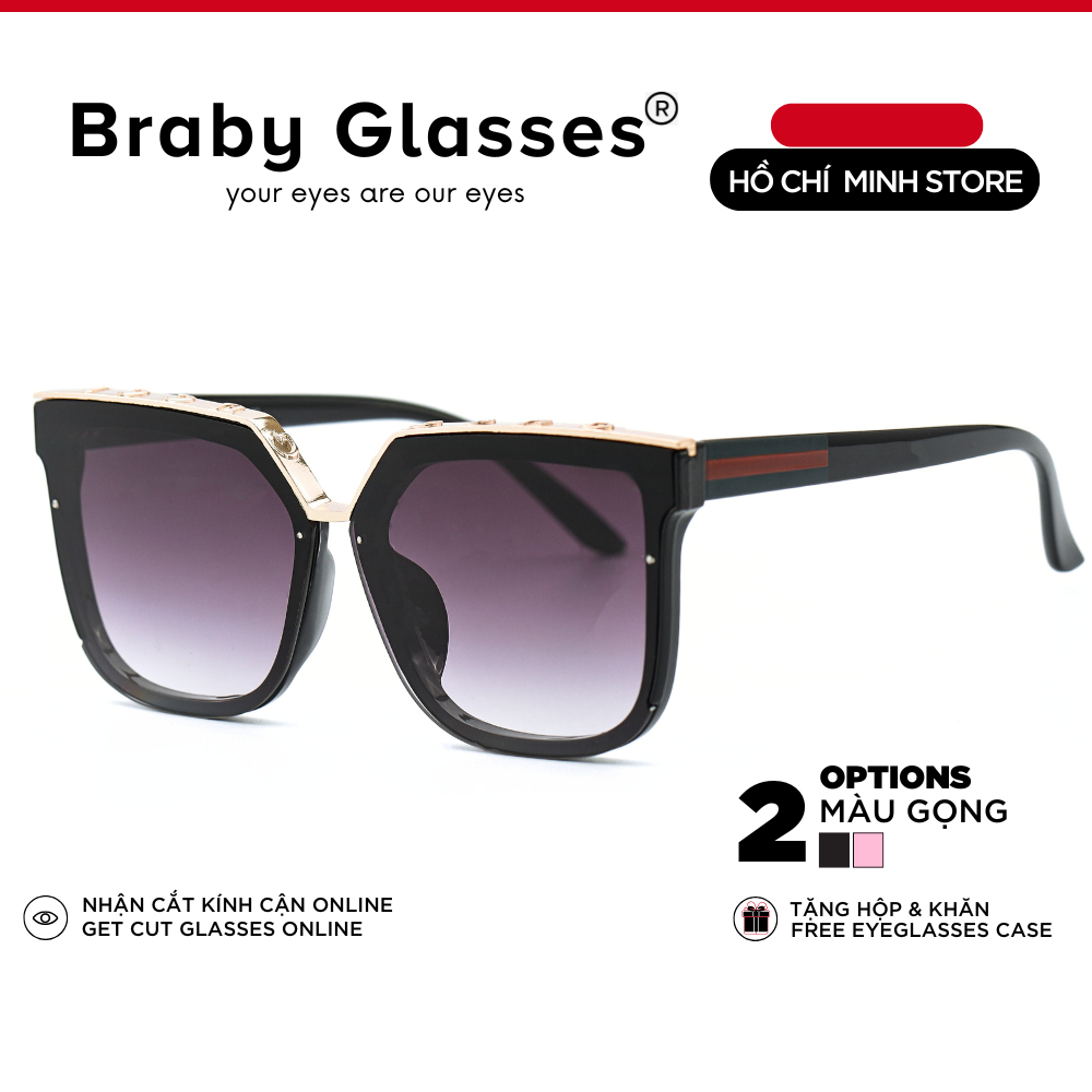 Kính râm mát nam nữ mắt vuông sang trọng chống tia UV Braby Glasses gọng nhựa họa tiết kim loại cao cấp KR15