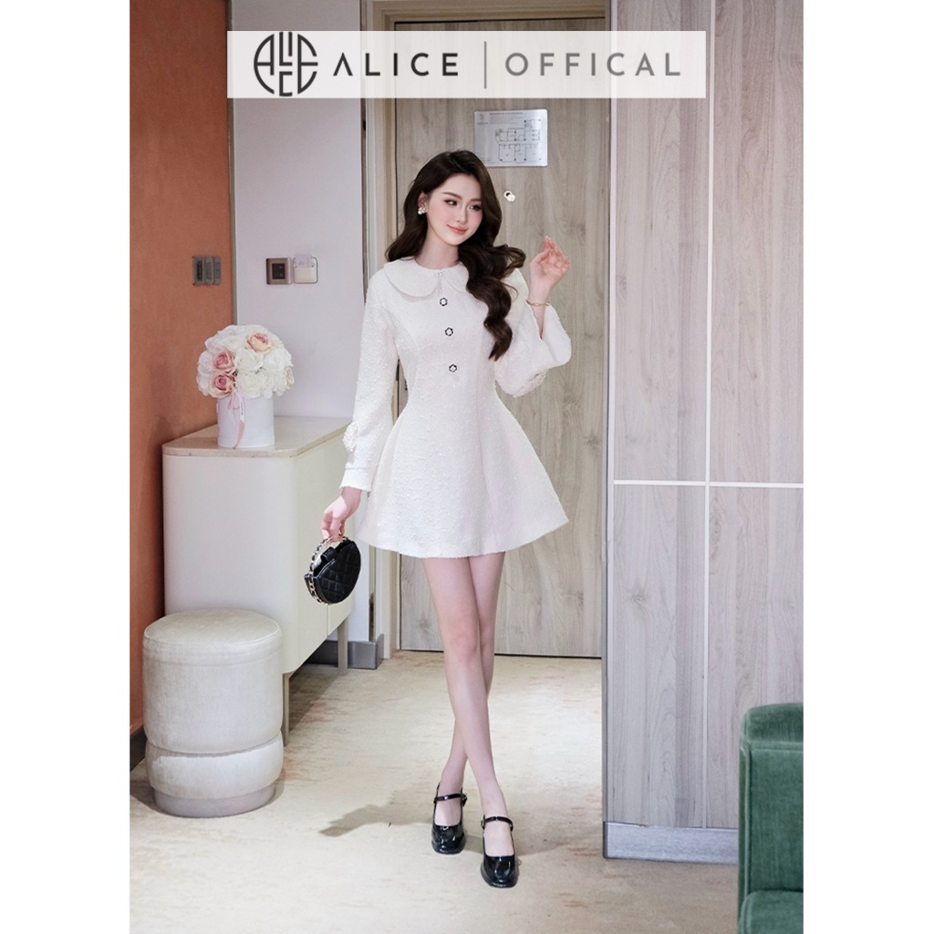 Váy Nữ Cao Cấp Alice Chất Dạ Len, Đầm Ngắn Chữ A Cổ Sen Bản To Có Đệm Vai Tay Bồng Nhẹ Có Cúc Đá T379