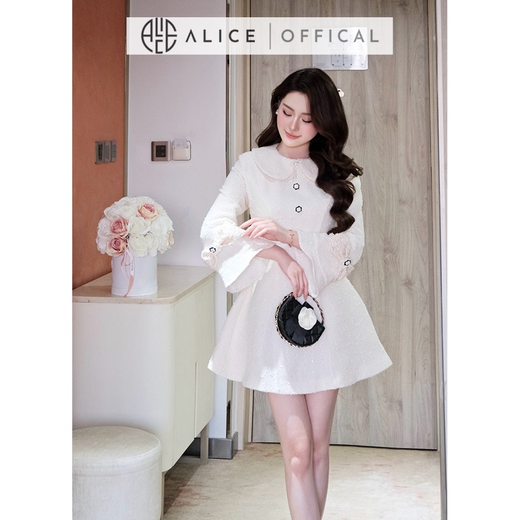 Váy Nữ Cao Cấp Alice Chất Dạ Len, Đầm Ngắn Chữ A Cổ Sen Bản To Có Đệm Vai Tay Bồng Nhẹ Có Cúc Đá T379