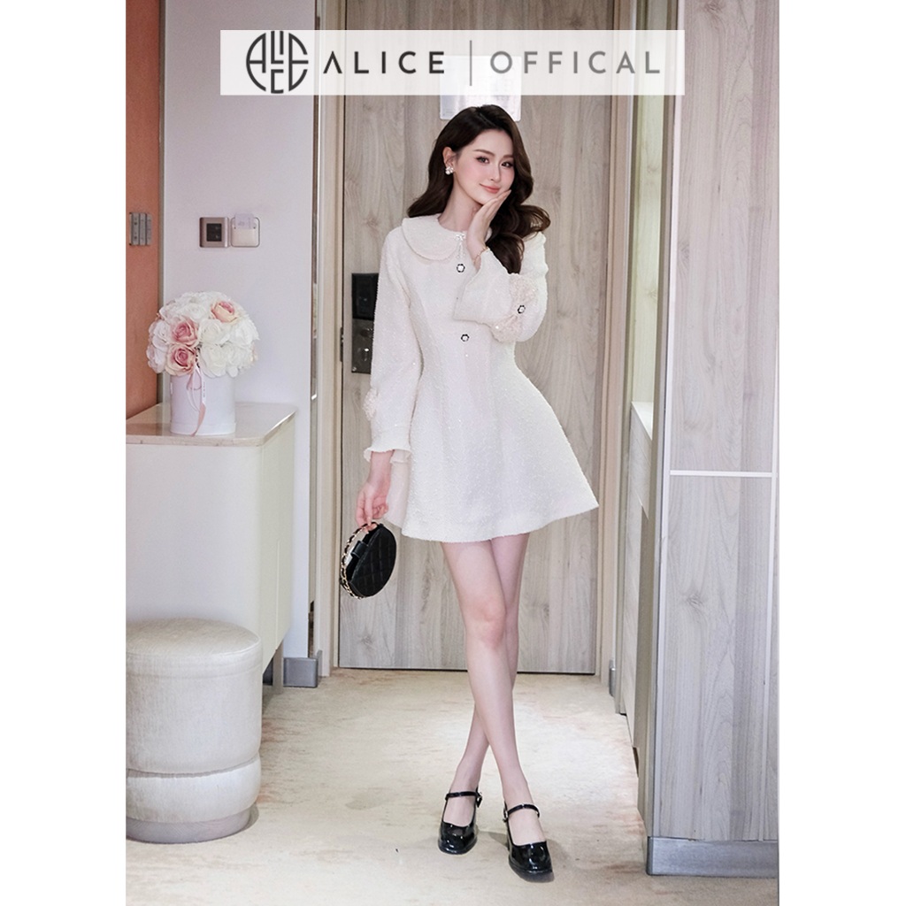 Váy Nữ Cao Cấp Alice Chất Dạ Len, Đầm Ngắn Chữ A Cổ Sen Bản To Có Đệm Vai Tay Bồng Nhẹ Có Cúc Đá T379