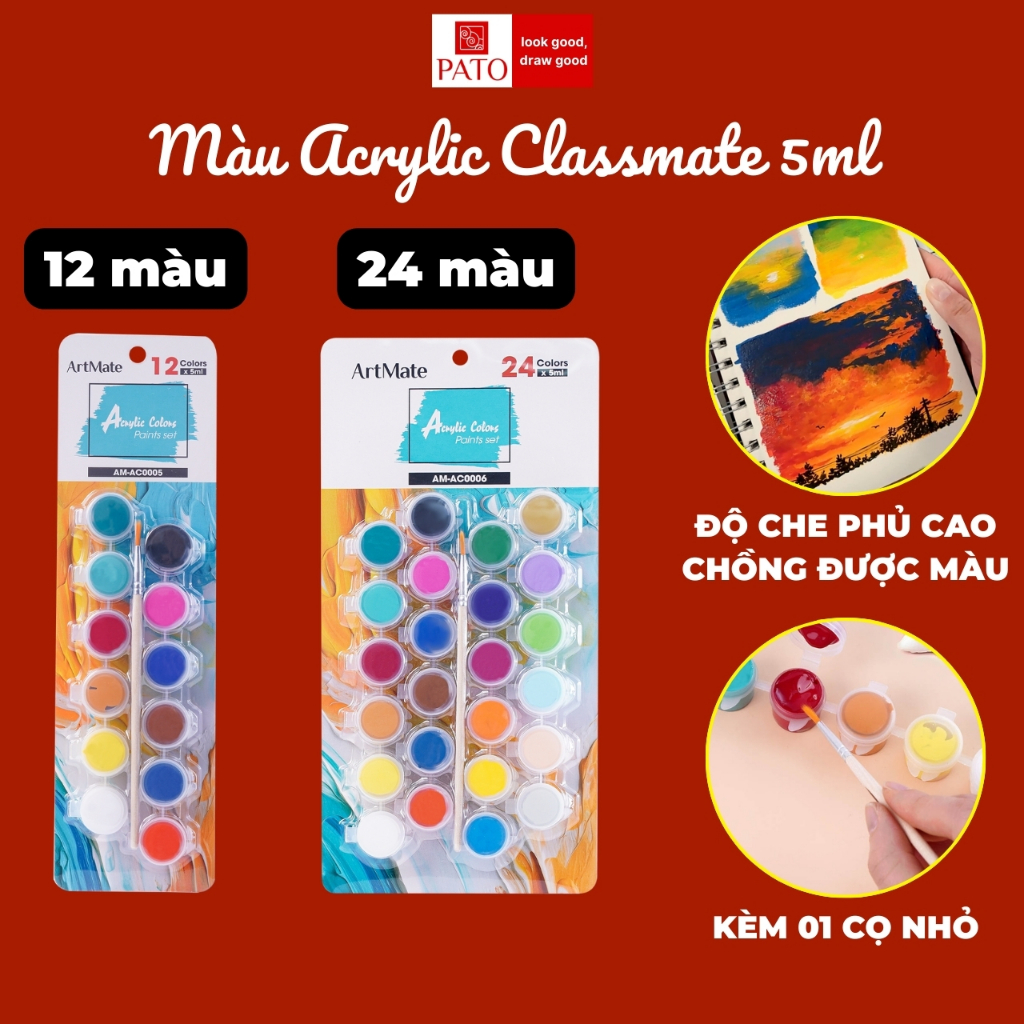Bộ 12/24 Màu Acrylic 5ml Tô Tượng ARTMATE Dạng Hũ Tiện Lợi Cho Bé, Kèm 1 Cọ Vẽ, Độ Che Phủ Cao, Chồng Được Màu, Màu Tươi
