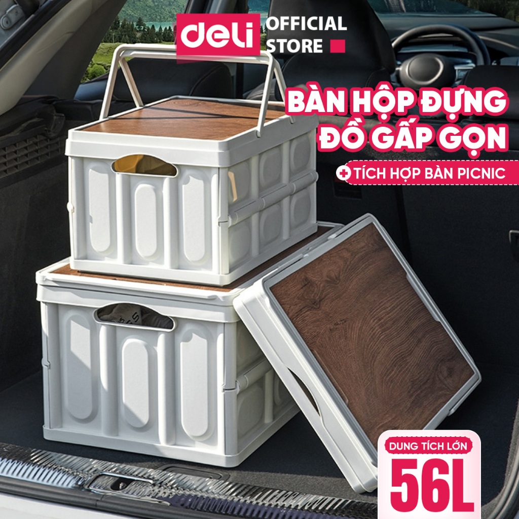 Hộp nhựa đựng đồ Deli gấp gọn đa năng kiêm Bàn camping nắp gỗ chịu tải lớn dùng cho cắm trại, dã ngoại, picnic
