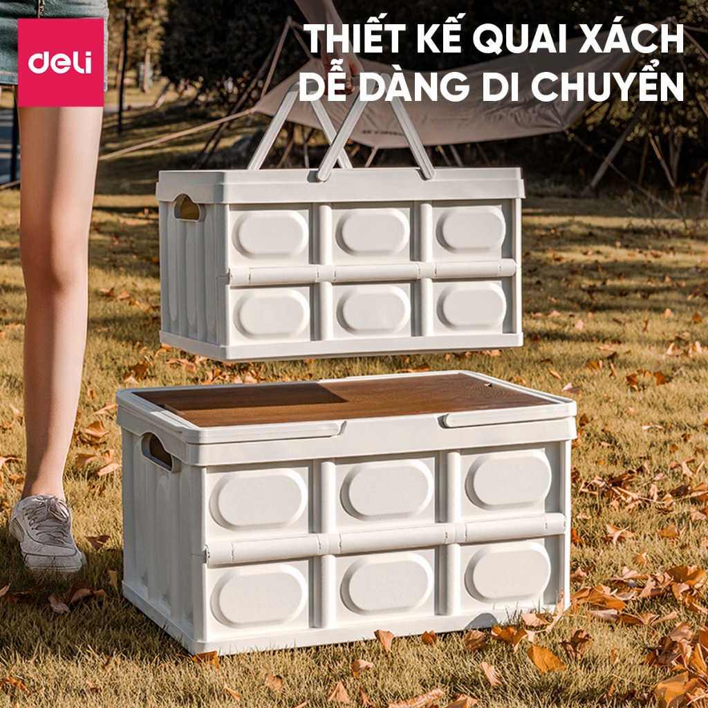 Hộp nhựa đựng đồ Deli gấp gọn đa năng kiêm Bàn camping nắp gỗ chịu tải lớn dùng cho cắm trại, dã ngoại, picnic