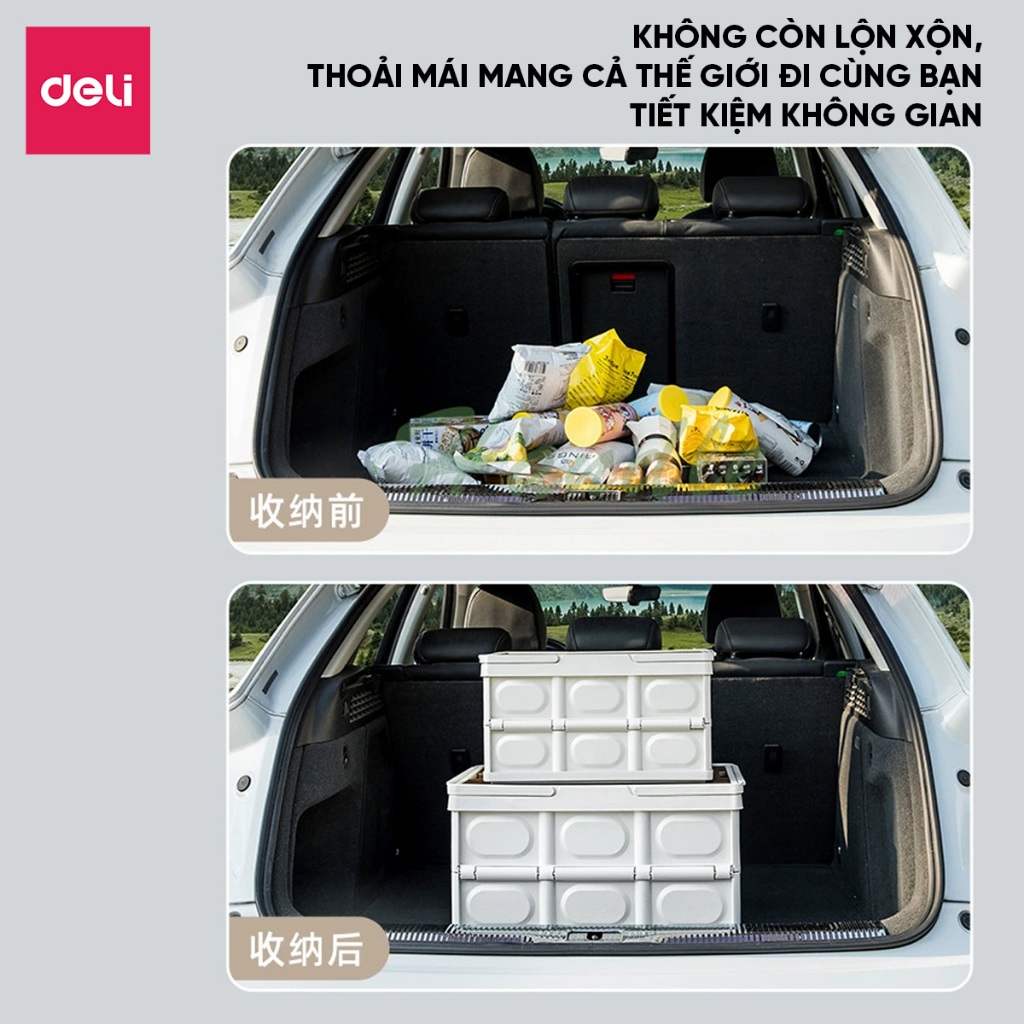 Hộp nhựa đựng đồ Deli gấp gọn đa năng kiêm Bàn camping nắp gỗ chịu tải lớn dùng cho cắm trại, dã ngoại, picnic