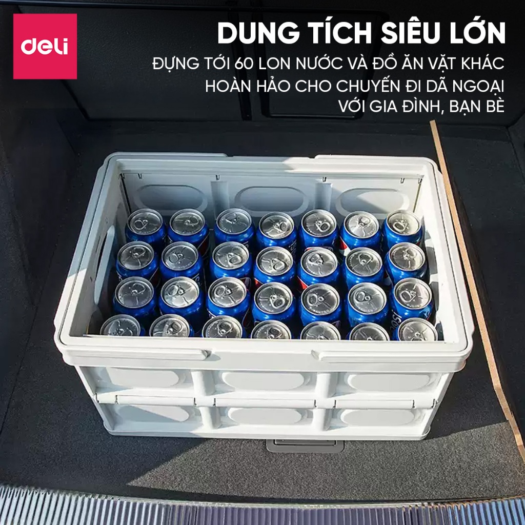 Hộp nhựa đựng đồ Deli gấp gọn đa năng kiêm Bàn camping nắp gỗ chịu tải lớn dùng cho cắm trại, dã ngoại, picnic
