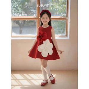 Váy Bé Gái Dự Tiệc, Đầm Xòe Đính Hoa Nổi Trước Ngực, Thiết Kế Dễ Thương Cho mẹ và Bé Gái ,đầm đỏ mẹ và bé diện lễ Tết