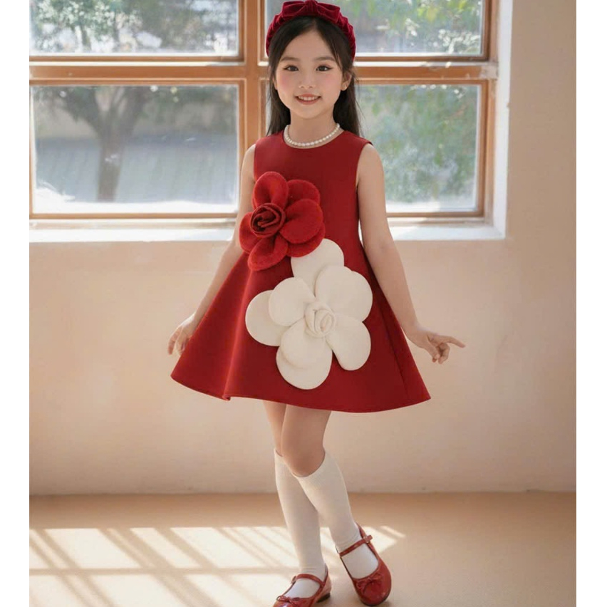 Đầm bé gái ,thiết kế đính hoa 3D Sang Trọng , Váy đỏ Noel -Tết cho mẹ và bé ,đầm đôi mẹ bé 12-55kg
