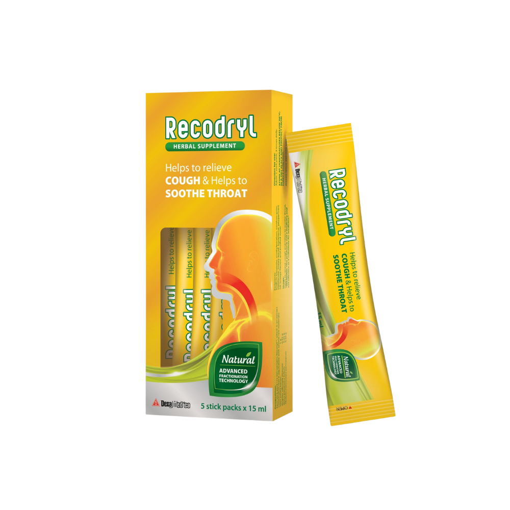 Siro thảo dược Recodryl – Hỗ trợ làm dịu họng, giảm cảm giác khô rát – Hộp 6 gói