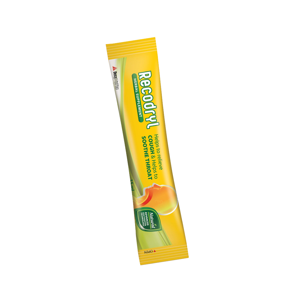Siro thảo dược Recodryl – Hỗ trợ làm dịu họng, giảm cảm giác khô rát – Hộp 6 gói