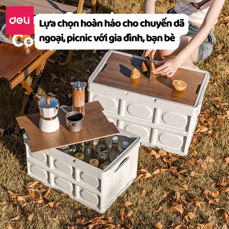 Hộp nhựa đựng đồ Deli gấp gọn đa năng kiêm Bàn camping nắp gỗ chịu tải lớn dùng cho cắm trại, dã ngoại, picnic