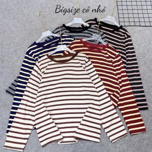 [50-100kg]Áo Thun Nữ Tay Dài Kẻ Sọc Ngang Form Rộng Cho Nữ Chubby Vải Cotton Co Giãn Thoáng Mát A311