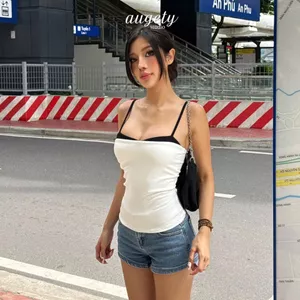 Áo Hai Dây Kiểu Phối Màu Chiết Eo Vải Thun Cao Cấp Augety Studio LYNN TOP