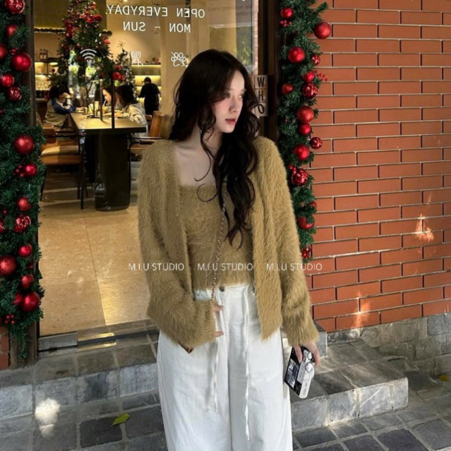 Set len lông thỏ : Áo len croptop 2S ôm body kèm áo khoác cardigan dài tay - 4 màu phong cách basic trẻ trung dễ phối