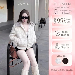 Áo khoác lông GUMIN thiết kế dáng ngắn có khóa kéo phối cổ lông sang trọng, áo khoác nữ thu đông cá tính cao cấp