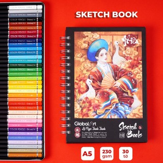 Sổ Sketchbook GLOBAL ART 230gsm, Sổ Vẽ Đa Chất Liệu A4 A5 Giấy Không Kỵ Tẩy Vẽ Được Màu Nước, Gouache, Acrylic