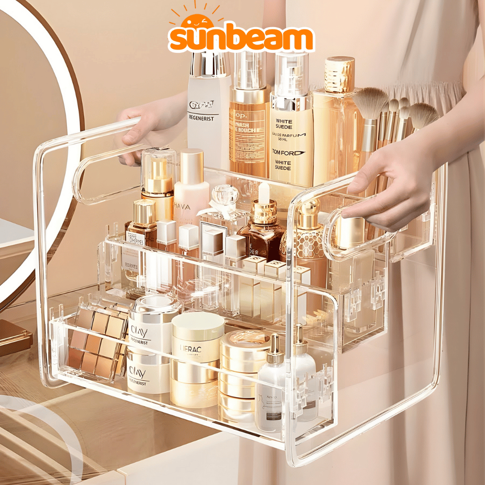 Kệ Đựng Mỹ Phẩm Trong Suốt 3 Tầng Để Bàn SUNBEAM, Giá Nhựa Để Đồ Nhà Tắm Đa Năng Có Lỗ Thoát Nước