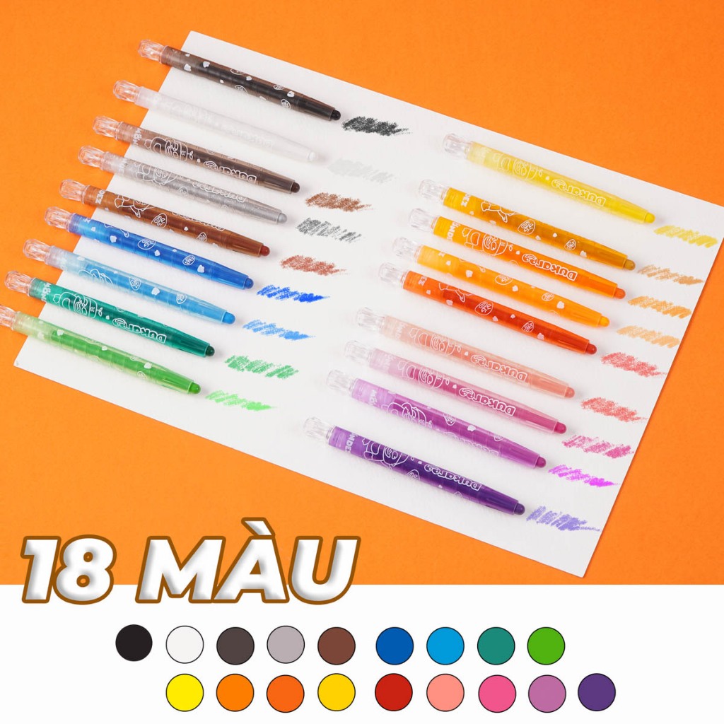 Bút Sáp Vặn Ngắn 18 Màu, Màu Sắc Tươi Sáng, Chất Liệu Cao Cấp Độ Bám Giấy Và Độ Phủ Màu Tốt An Toàn Cho Bé M60002