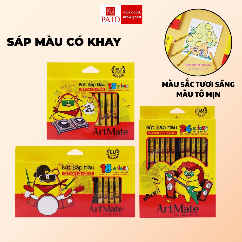 Bút Sáp Màu Có Khay 12, 18, 24 Màu, Sắc Màu Tươi Sáng, Sinh Động, Màu Tô Mịn, Cho Bé Tập Tô, Vẽ Tranh CR101/102/103