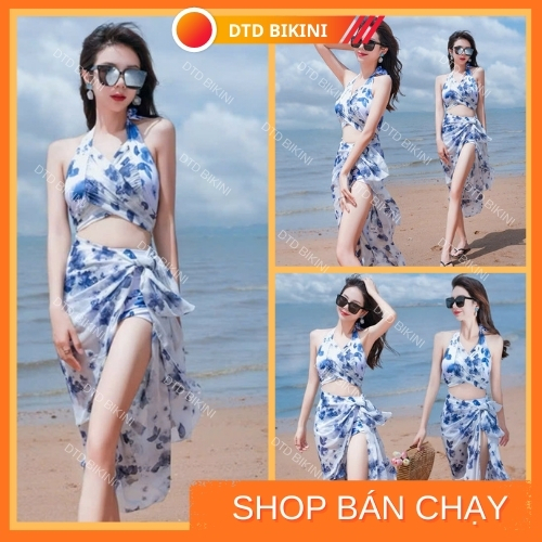 Đồ bơi nữ bikini set 3 món hoạ tiết hoa xanh quảng châu kèm khăn choàng đồ đi biển bikini QC1