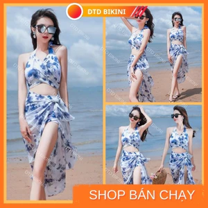 Đồ bơi nữ bikini set 3 món hoạ tiết hoa xanh quảng châu kèm khăn choàng đồ đi biển bikini QC1