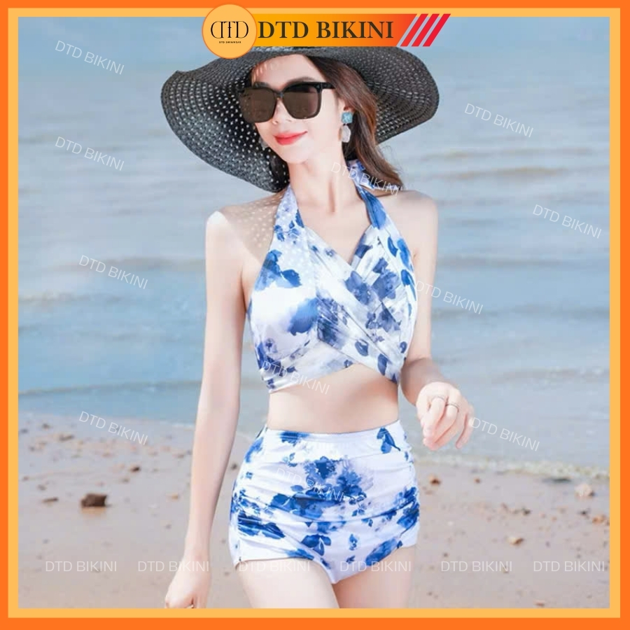 Đồ bơi nữ bikini set 3 món hoạ tiết hoa xanh quảng châu kèm khăn choàng đồ đi biển bikini QC1