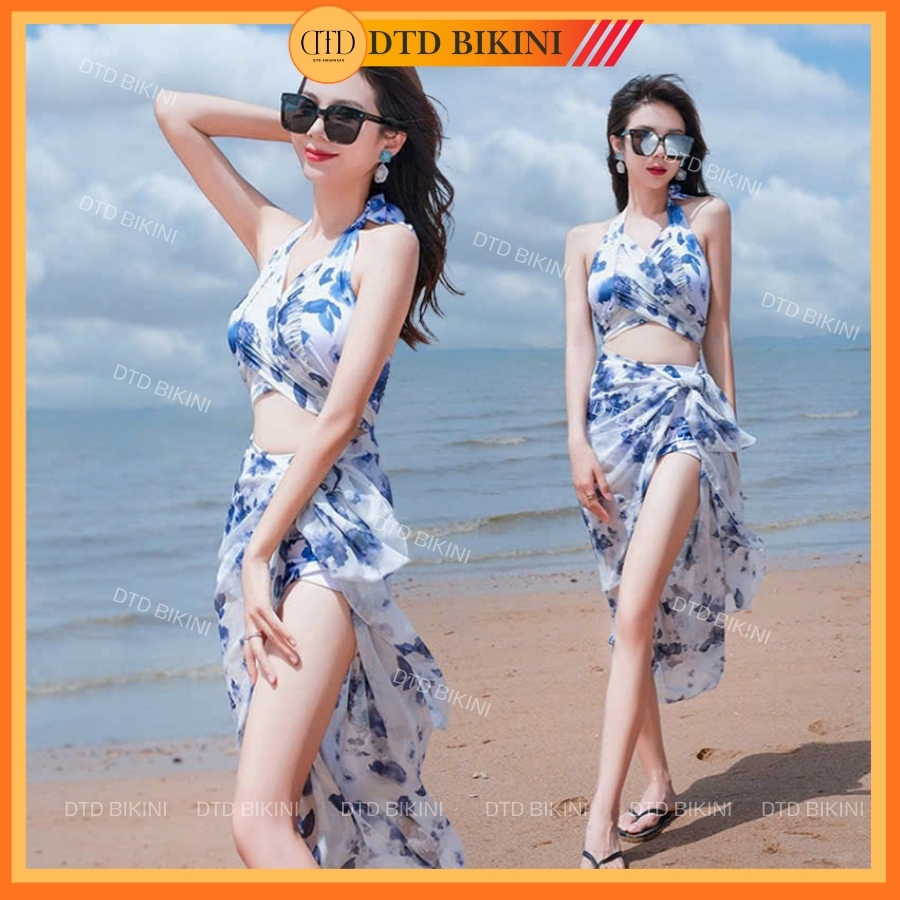 Đồ bơi nữ bikini set 3 món hoạ tiết hoa xanh quảng châu kèm khăn choàng đồ đi biển bikini QC1