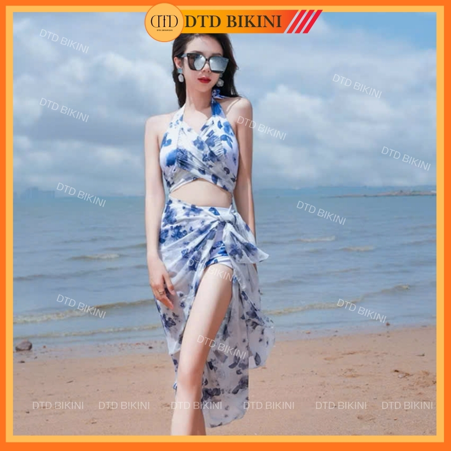 Đồ bơi nữ bikini set 3 món hoạ tiết hoa xanh quảng châu kèm khăn choàng đồ đi biển bikini QC1